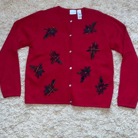 Villager SPORT Red Button Down Wool Christmas Sweater Large - Picture 1 of 12